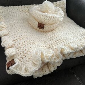 Cozy Cream Knit Baby Hat and Blanket-Newborn